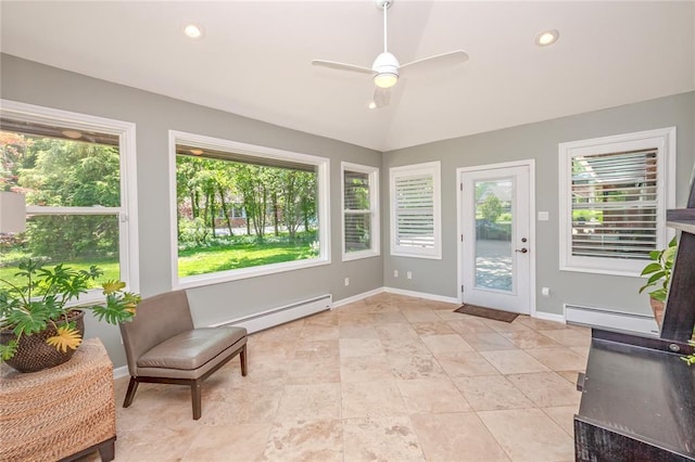 23 Vouga Ln, Frontenac, MO 63131 - unfurnished sunroom featuring a baseboard radiator, healthy amount of natural light, and lofted ceiling