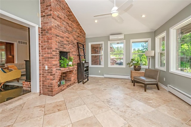 23 Vouga Ln, Frontenac, MO 63131 - sunroom / solarium featuring a baseboard heating unit, lofted ceiling, and a wall unit AC