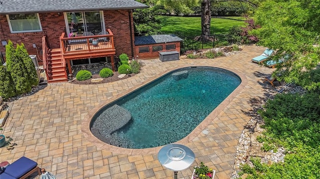 23 Vouga Ln, Frontenac, MO 63131 - outdoor pool featuring a patio, a deck, an outdoor structure, and stairway