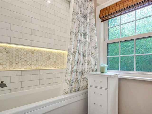 211 Country Club Ln, Belleville, IL 62223 - bathroom with wallpapered walls and shower / tub combo with curtain