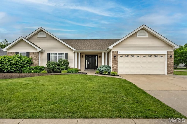 403 Autumn Farms Ct, Wentzville, MO 63385 - ranch-style home featuring brick siding, driveway, a front lawn, an attached garage, and roof with shingles