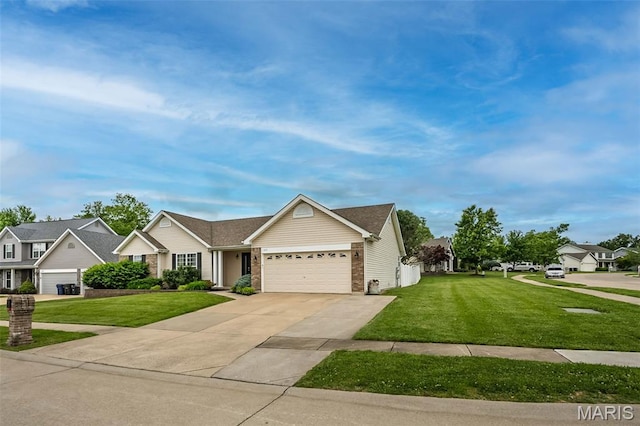 403 Autumn Farms Ct, Wentzville, MO 63385 - single story home with a front lawn, an attached garage, driveway, brick siding, and a residential view