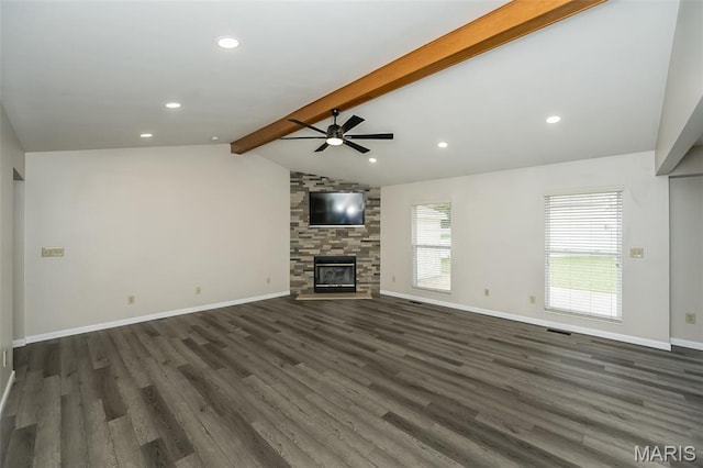 403 Autumn Farms Ct, Wentzville, MO 63385 - unfurnished living room with ceiling fan, dark wood-type flooring, a large fireplace, and recessed lighting