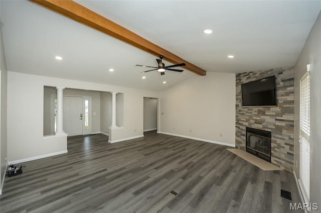 403 Autumn Farms Ct, Wentzville, MO 63385 - unfurnished living room featuring a stone fireplace, wood finished floors, ceiling fan, recessed lighting, and decorative columns