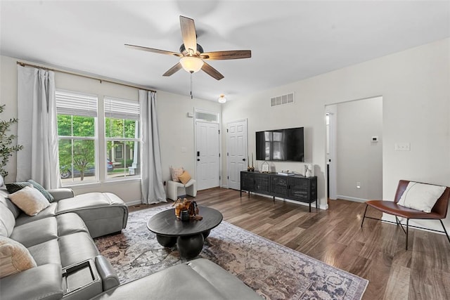 3516 Broad St, Saint Charles, MO 63301 - living room with wood finished floors, ceiling fan, and baseboards
