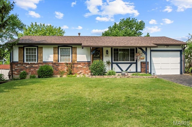 2851 Quenley St, Saint Charles, MO 63301 - ranch-style house with an attached garage, brick siding, a front yard, and driveway