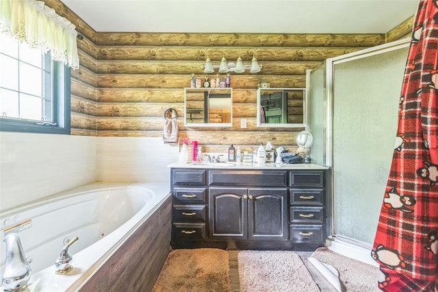 2629 Seminole Rd, Cuba, MO 65453 - full bath with log walls, a stall shower, vanity, and a jetted tub