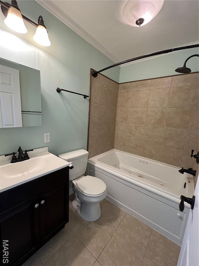 1319 W Main St, Bowling Green, MO 63334 - bathroom featuring a combined bath / shower with jetted tub, vanity, toilet, tile patterned floors, and crown molding