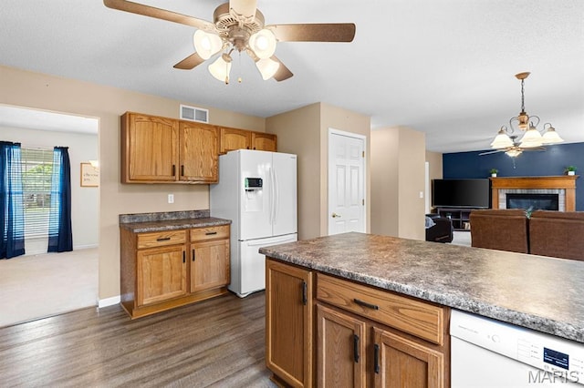 2711 Cascade Lake Dr, Shiloh, IL 62221 - kitchen featuring white appliances, a ceiling fan, dark wood-type flooring, a chandelier, and pendant lighting
