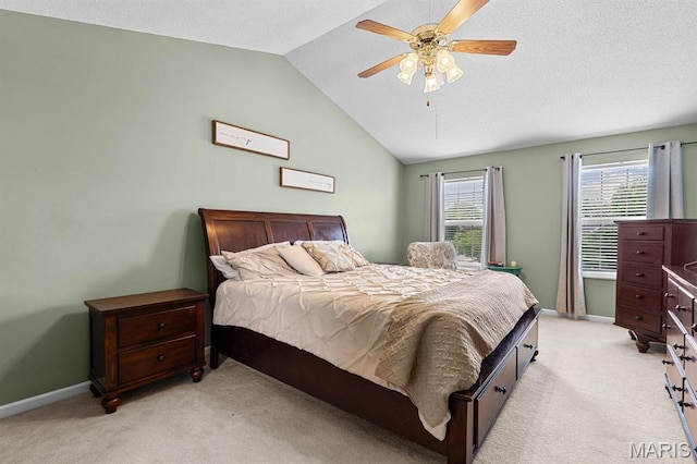 2711 Cascade Lake Dr, Shiloh, IL 62221 - bedroom featuring light carpet, vaulted ceiling, baseboards, and ceiling fan