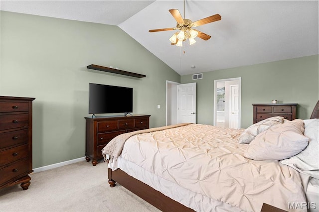 2711 Cascade Lake Dr, Shiloh, IL 62221 - bedroom featuring lofted ceiling, light colored carpet, baseboards, ensuite bath, and ceiling fan