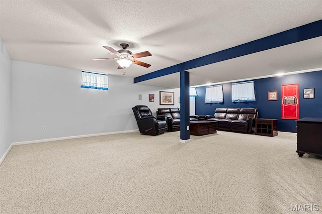 2711 Cascade Lake Dr, Shiloh, IL 62221 - living area featuring carpet floors, ceiling fan, a textured ceiling, and baseboards