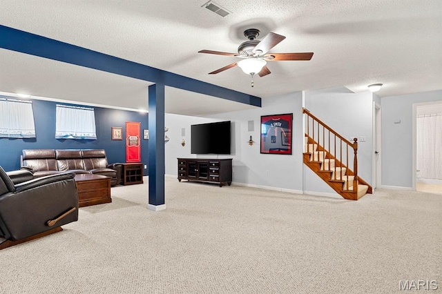 2711 Cascade Lake Dr, Shiloh, IL 62221 - carpeted living room featuring stairway, a ceiling fan, a textured ceiling, and baseboards