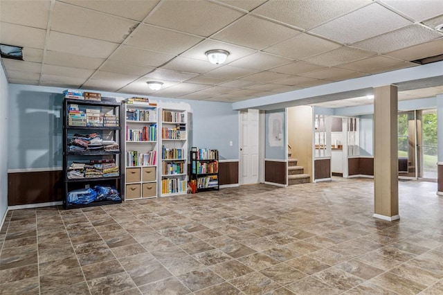 330 Mont Divier Dr, Bonne Terre, MO 63628 - below grade area featuring stairway, a paneled ceiling, stone finish floors, and baseboards