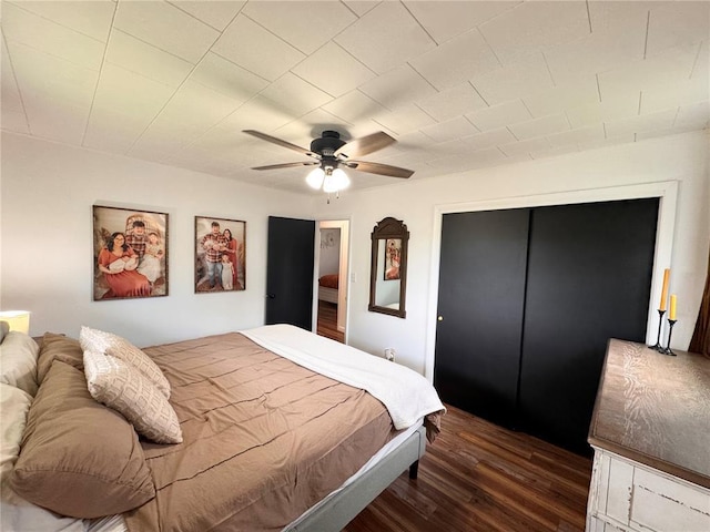 517 W Olive St, Palmyra, MO 63461 - bedroom with dark wood-style floors, a ceiling fan, and a closet