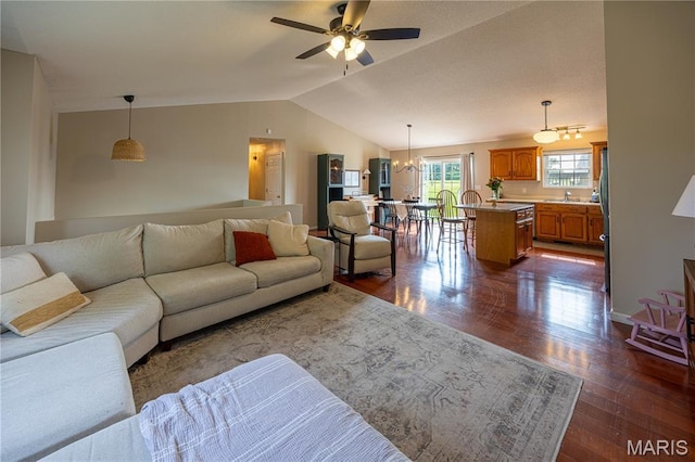 781 N W Ln, Jackson, MO 63755 - living area featuring dark wood-style flooring, ceiling fan, and lofted ceiling