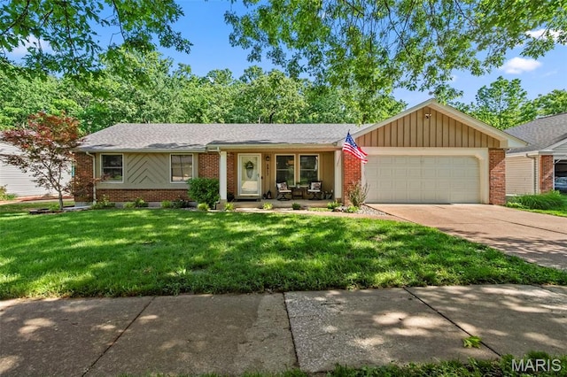 2917 Royal Gorge Ct, Oakville Township, MO 63129 - ranch-style home with brick siding, a garage, concrete driveway, and a front lawn