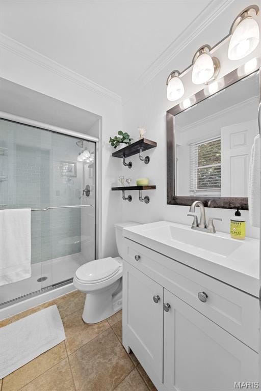 2917 Royal Gorge Ct, Oakville Township, MO 63129 - bathroom featuring ornamental molding, vanity, toilet, a stall shower, and tile patterned flooring