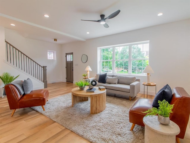 6343 Tholozan, Saint Louis, MO 63109 - living area with light wood-style flooring, stairs, a ceiling fan, recessed lighting, and baseboards