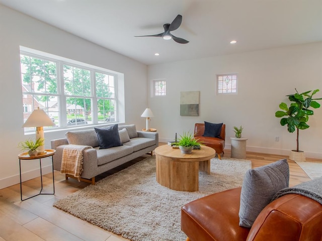 6343 Tholozan, Saint Louis, MO 63109 - living area featuring ceiling fan, baseboards, light wood-type flooring, and recessed lighting