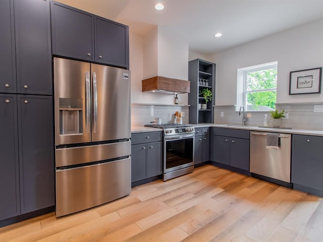 6343 Tholozan, Saint Louis, MO 63109 - kitchen with stainless steel appliances, wall chimney range hood, open shelves, light wood finished floors, and a sink