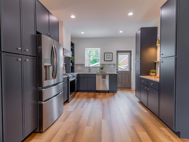 6343 Tholozan, Saint Louis, MO 63109 - kitchen featuring stainless steel appliances, tasteful backsplash, light wood finished floors, light countertops, and recessed lighting