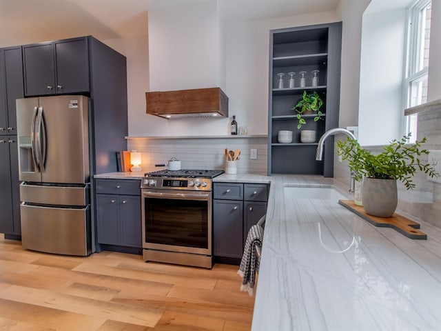 6343 Tholozan, Saint Louis, MO 63109 - kitchen featuring stainless steel appliances, a sink, light wood-style flooring, and open shelves