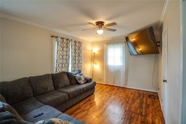 155 Roberts St, Jerseyville, IL 62052 - living area featuring a ceiling fan, hardwood / wood-style floors, baseboards, and crown molding