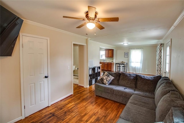 155 Roberts St, Jerseyville, IL 62052 - living area featuring dark wood-style flooring, ceiling fan, ornamental molding, and baseboards