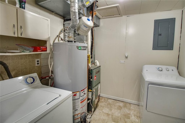 155 Roberts St, Jerseyville, IL 62052 - laundry room featuring electric panel, washing machine and clothes dryer, water heater, and cabinet space