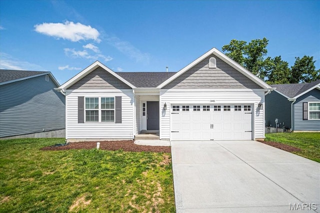 346 Fairhaven Ct, Wright City, MO 63390 - ranch-style home featuring a garage, driveway, and a front lawn