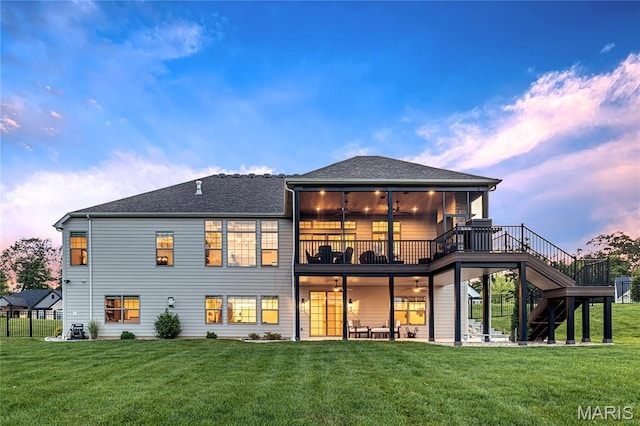 150 Westleigh Manor Dr, Wentzville, MO 63385 - rear view of property featuring ceiling fan, stairway, a patio area, a wooden deck, and a sunroom