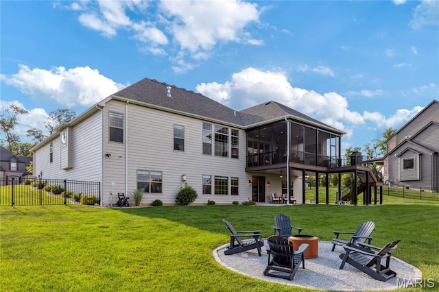 150 Westleigh Manor Dr, Wentzville, MO 63385 - rear view of house featuring a sunroom, a patio, an outdoor fire pit, and stairway