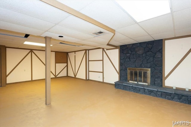 1461 Oak Bluff Ln, Kirkwood, MO 63122 - finished below grade area with a drop ceiling and a stone fireplace