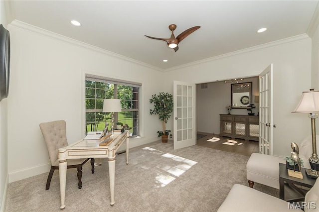 111 N Mosley Rd, Saint Louis, MO 63141 - carpeted office with french doors, ornamental molding, a ceiling fan, and recessed lighting
