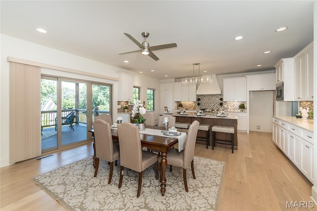 111 N Mosley Rd, Saint Louis, MO 63141 - dining room with a ceiling fan, light wood finished floors, and recessed lighting