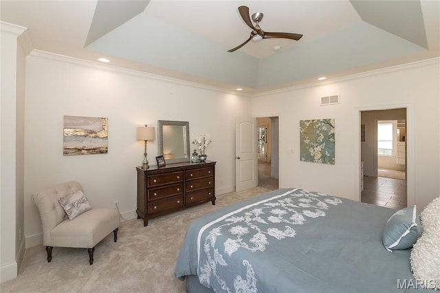 111 N Mosley Rd, Saint Louis, MO 63141 - carpeted bedroom featuring crown molding, a ceiling fan, and recessed lighting