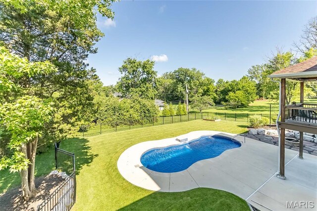 111 N Mosley Rd, Saint Louis, MO 63141 - view of swimming pool with a fenced backyard, a patio area, and view of scattered trees