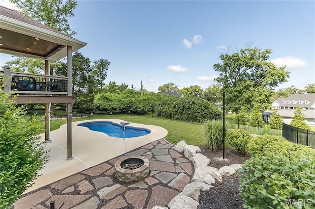 111 N Mosley Rd, Saint Louis, MO 63141 - view of pool with an outdoor fire pit, a patio area, and a fenced backyard