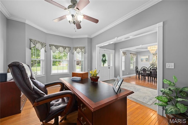 1171 Red Hawk Ridge Ln, Ofallon, IL 62269 - office featuring light wood-style flooring, ceiling fan, ornamental molding, a chandelier, and baseboards