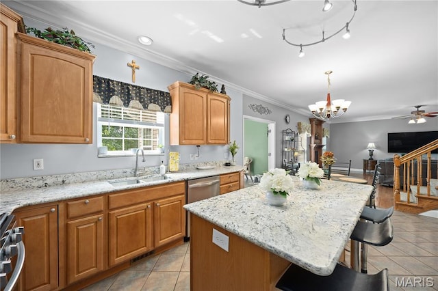 1171 Red Hawk Ridge Ln, Ofallon, IL 62269 - kitchen with light tile patterned flooring, a sink, a kitchen bar, a chandelier, and crown molding