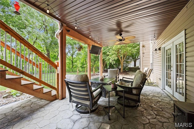 1171 Red Hawk Ridge Ln, Ofallon, IL 62269 - view of patio / terrace with stairs, french doors, ceiling fan, and an outdoor hangout area