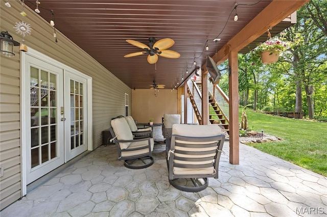 1171 Red Hawk Ridge Ln, Ofallon, IL 62269 - view of patio / terrace featuring french doors, a ceiling fan, and stairs