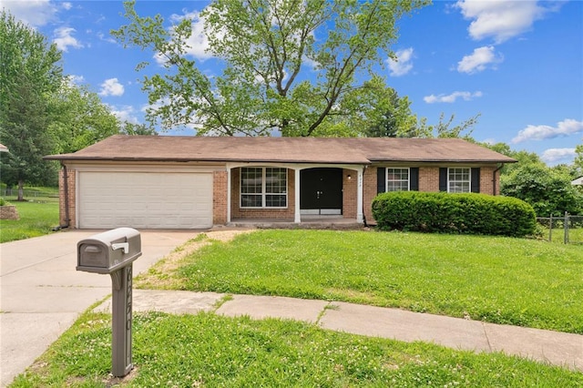 6250 Pennyrich Ct, Florissant, MO 63033 - ranch-style home with driveway, an attached garage, brick siding, and a front yard