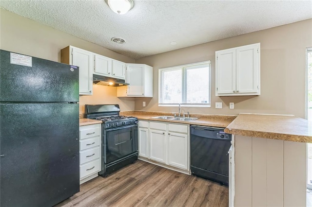 6250 Pennyrich Ct, Florissant, MO 63033 - kitchen featuring black appliances, a sink, under cabinet range hood, dark wood-style flooring, and white cabinets