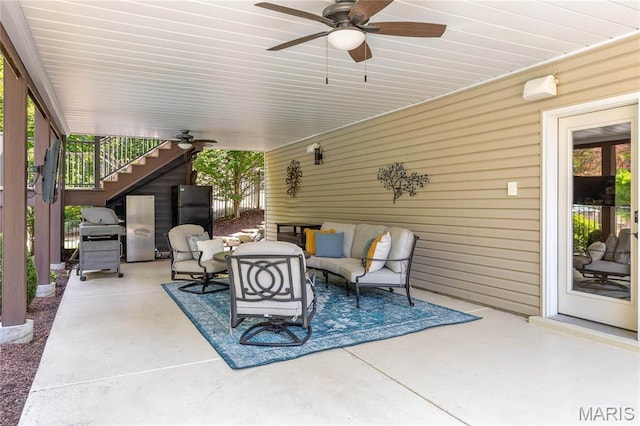 4388 Austin Pass Dr, Saint Charles, MO 63304 - view of patio / terrace featuring a ceiling fan, an outdoor hangout area, stairway, and area for grilling