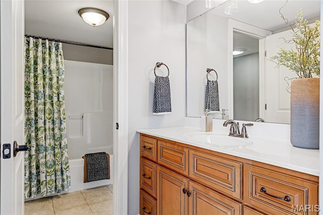 4388 Austin Pass Dr, Saint Charles, MO 63304 - full bathroom with vanity, tile patterned flooring, and shower / bath combination with curtain