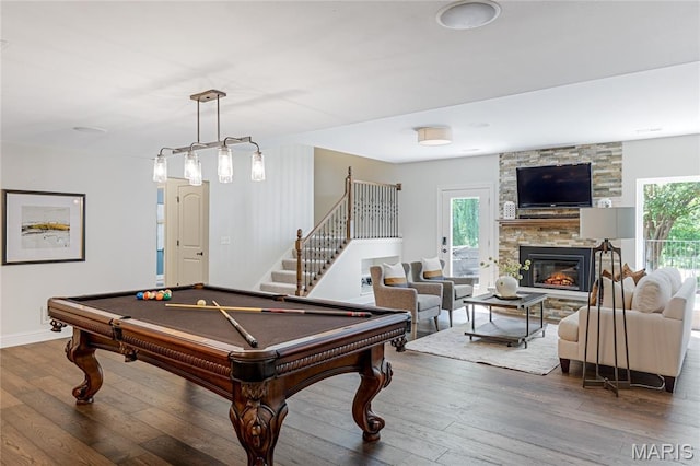 4388 Austin Pass Dr, Saint Charles, MO 63304 - recreation room with hardwood / wood-style flooring, a fireplace, and billiards table