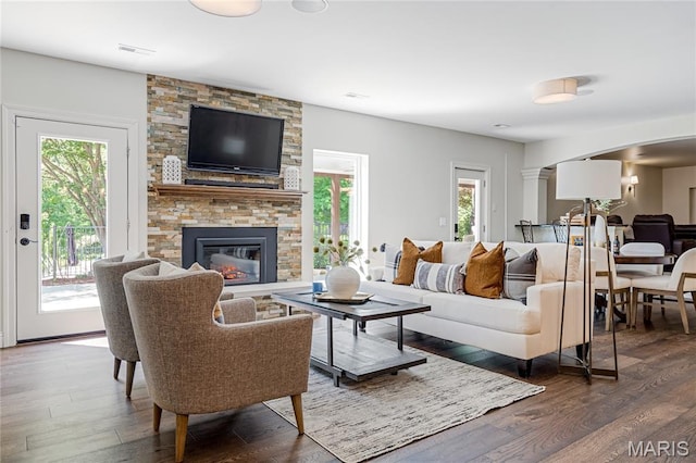 4388 Austin Pass Dr, Saint Charles, MO 63304 - living area with plenty of natural light, wood finished floors, and a stone fireplace