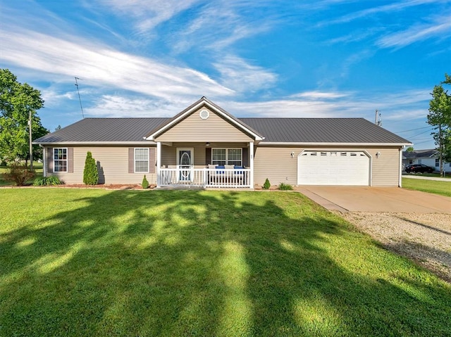 109 N 7th St, Owensville, MO 65066 - ranch-style home with a porch, an attached garage, concrete driveway, and metal roof